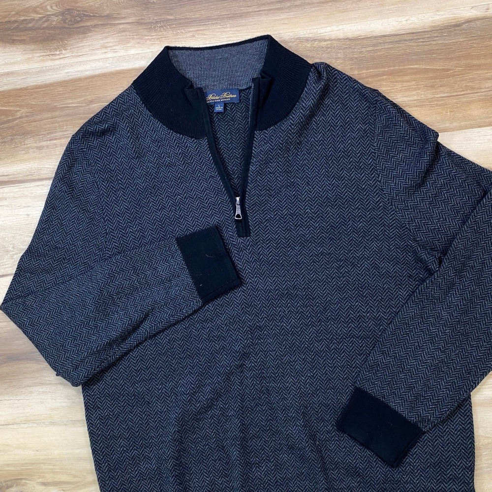 Brooks Brothers Quarter Zip Mens L Herringbone Extra Fine Merino Wool Navy Grey